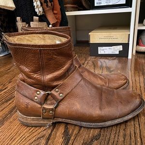 Men’s Frye Harness Moto Biker Boots Cognac Leather